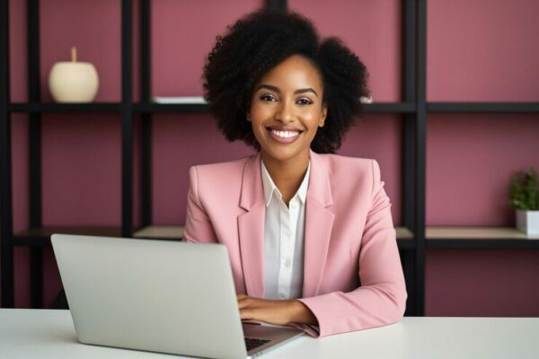 portrait successful african business woman entrepreneur woman her desk laptop office 899263 4324